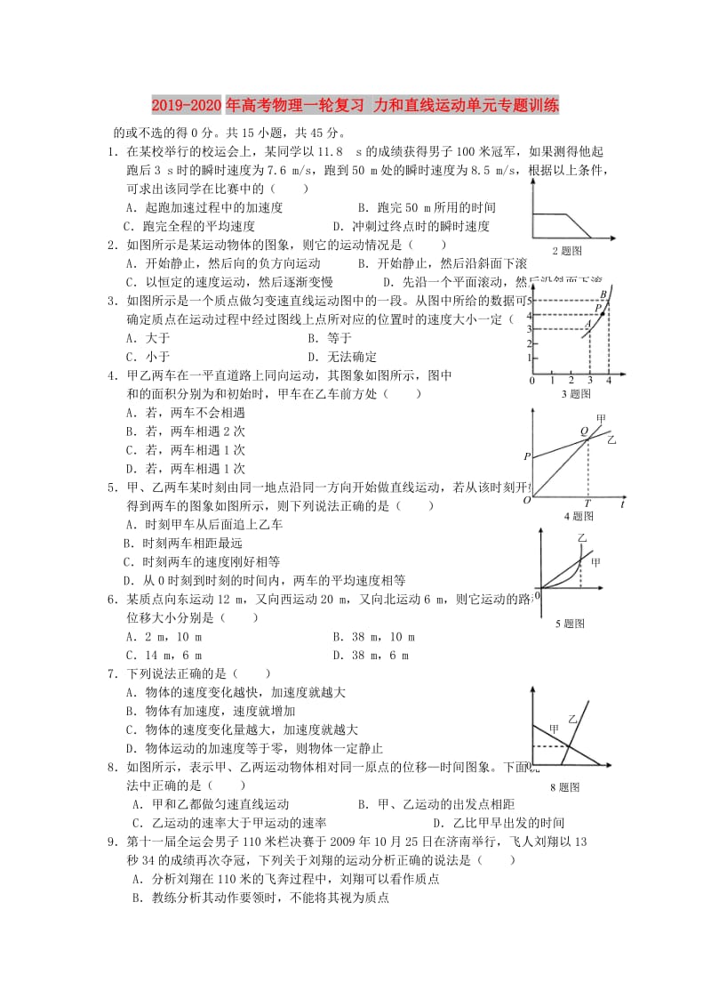 2019-2020年高考物理一轮复习 力和直线运动单元专题训练.doc_第1页