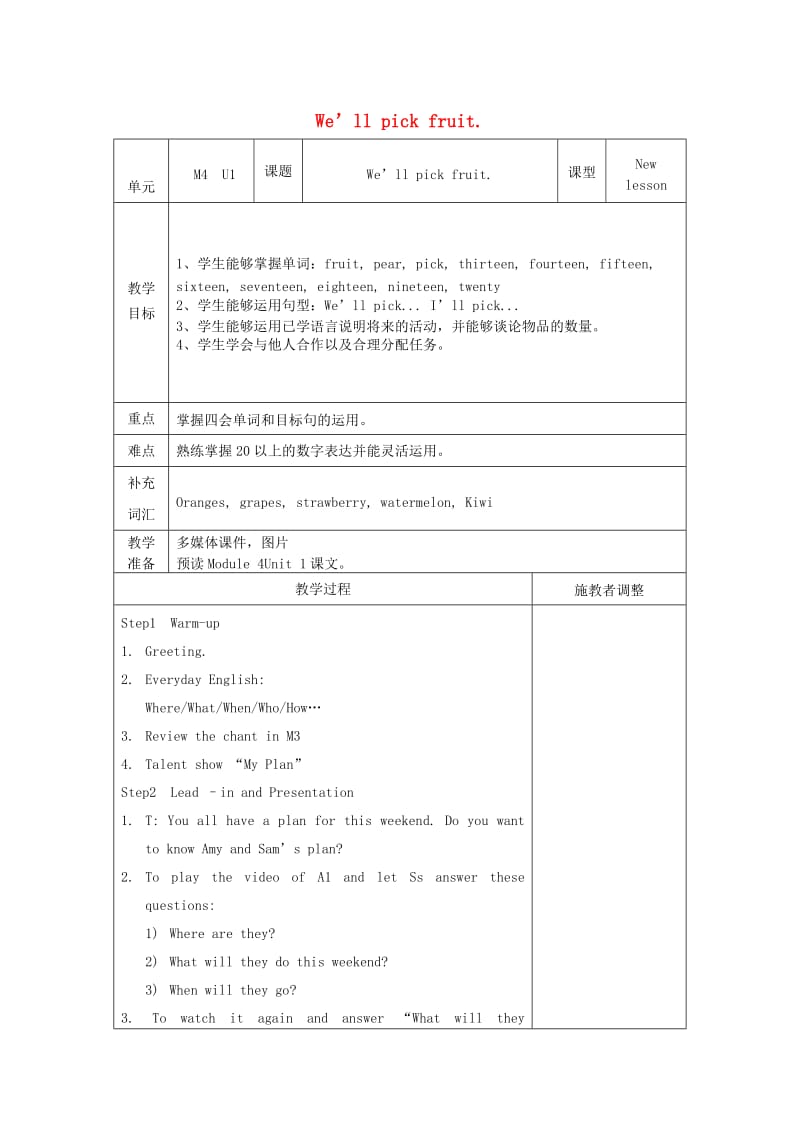 三年级英语下册Module4Unit1We’llpickfruit教案外研版.doc_第1页