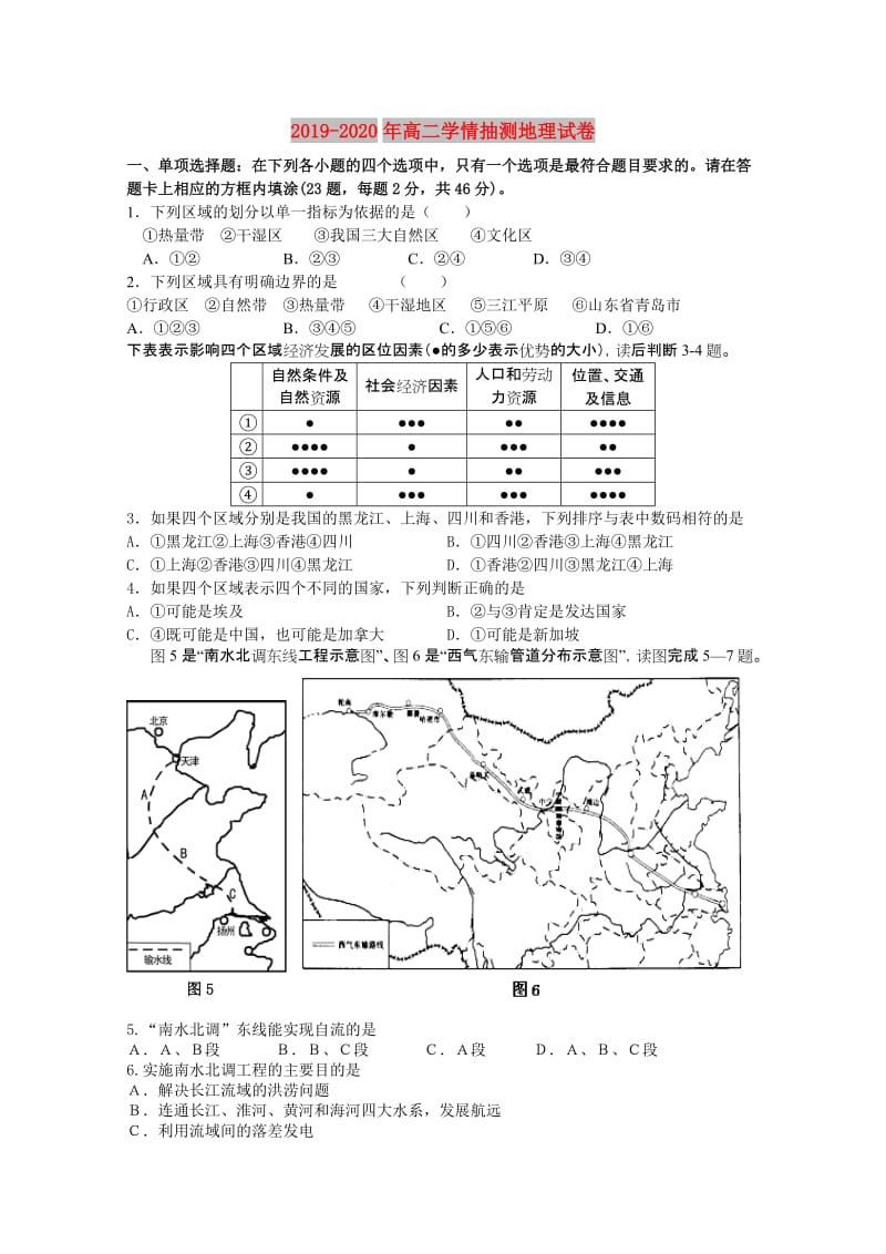 2019-2020年高二学情抽测地理试卷.doc_第1页