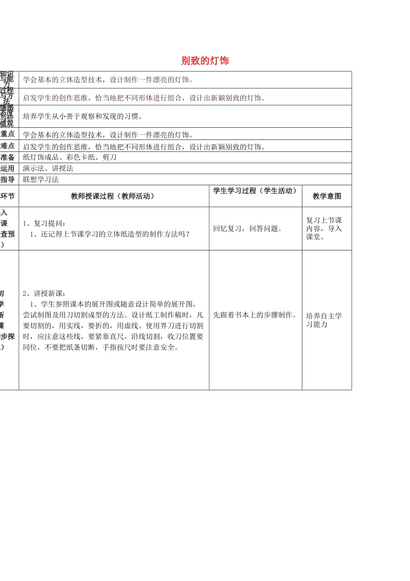 2019春五年级美术下册 第5单元 有趣多变的造型乐园 第14课《别致的灯饰》教案2 岭南版.doc_第1页