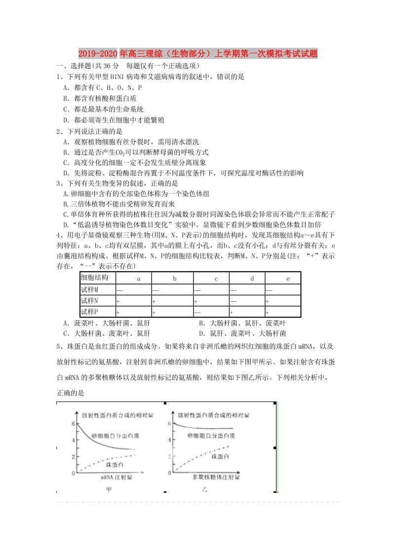 2019-2020年高三理综（生物部分）上学期第一次模拟考试试题.doc_第1页