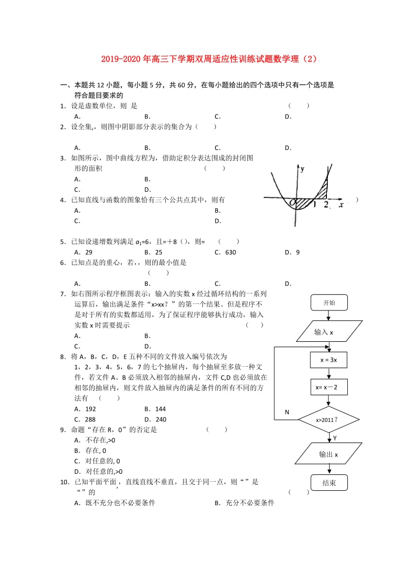 2019-2020年高三下学期双周适应性训练试题数学理（2）.doc_第1页