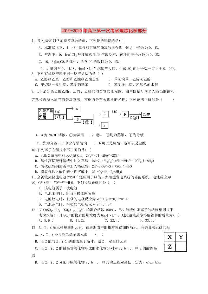 2019-2020年高三第一次考试理综化学部分.doc_第1页