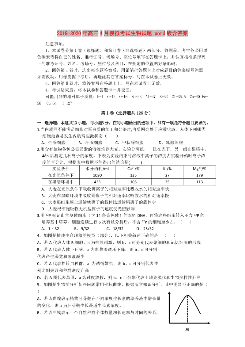 2019-2020年高三4月模拟考试生物试题 word版含答案.doc_第1页