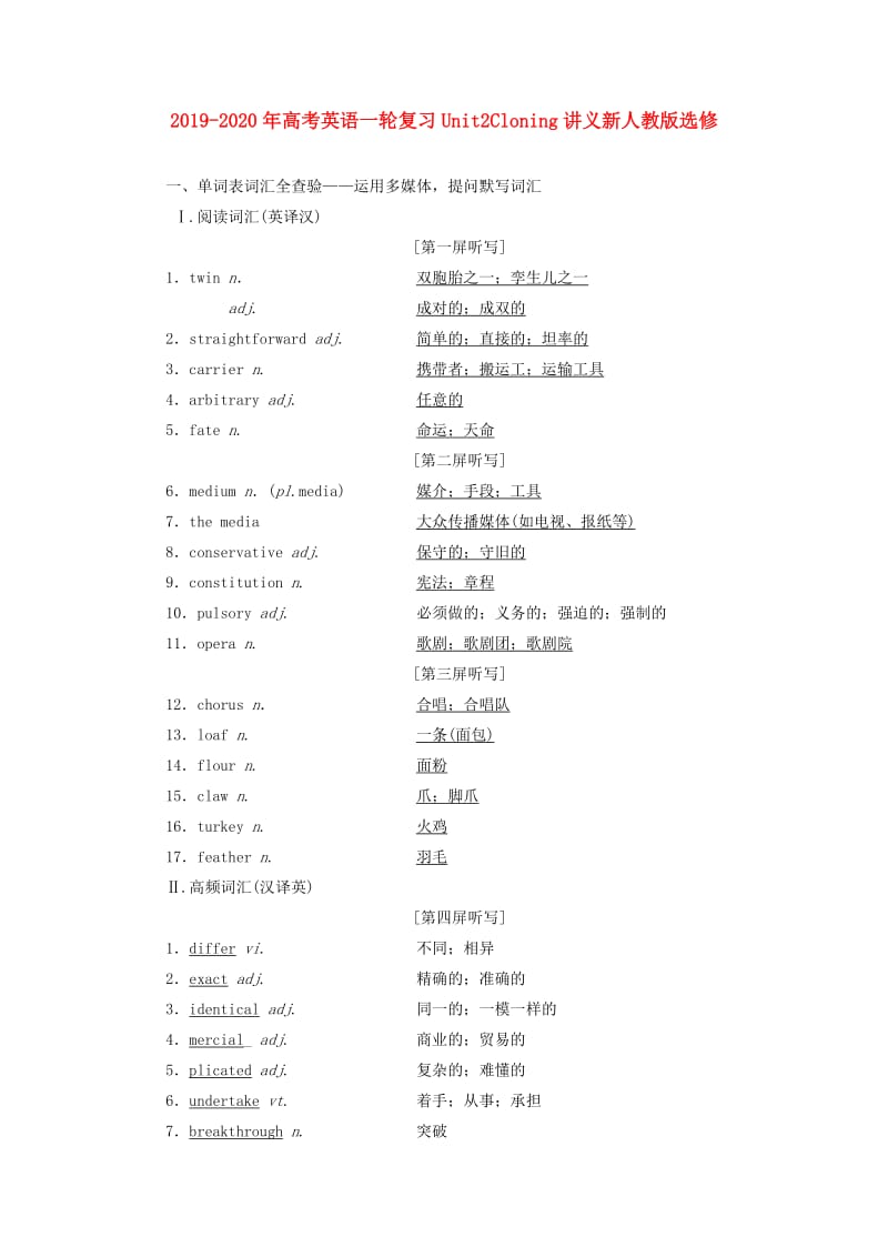 2019-2020年高考英语一轮复习Unit2Cloning讲义新人教版选修.doc_第1页