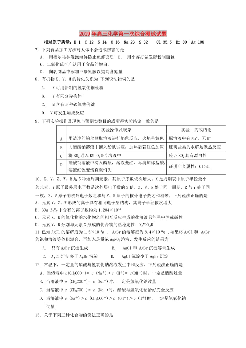 2019年高三化学第一次综合测试试题.doc_第1页