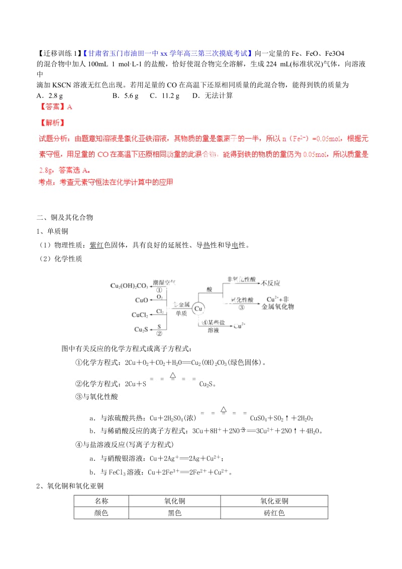 2019-2020年高考化学一轮复习 专题3.4 铁、铜及其他化合物讲案（含解析）.doc_第3页