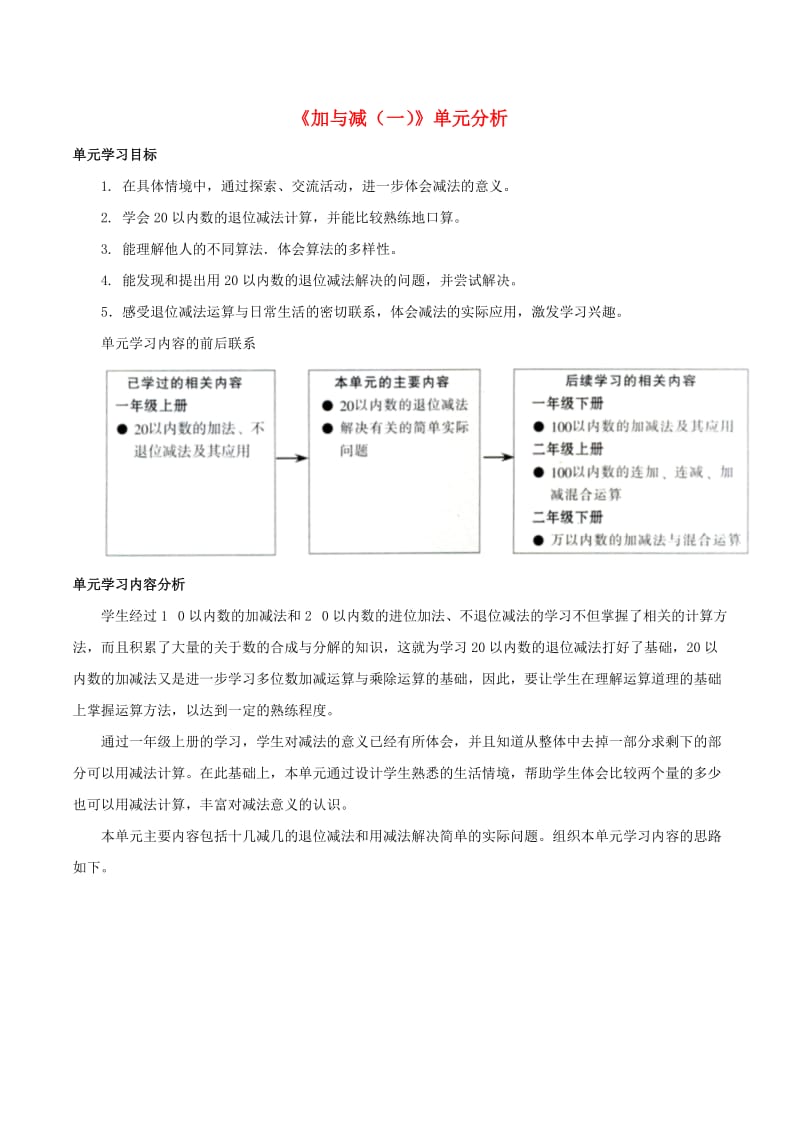 一年级数学下册第1单元加与减一加与减一单元分析素材新版北师大版.doc_第1页