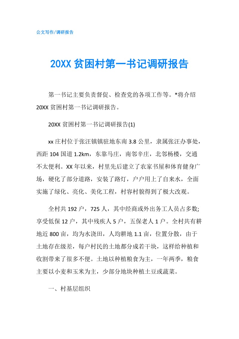 20XX贫困村第一书记调研报告.doc_第1页