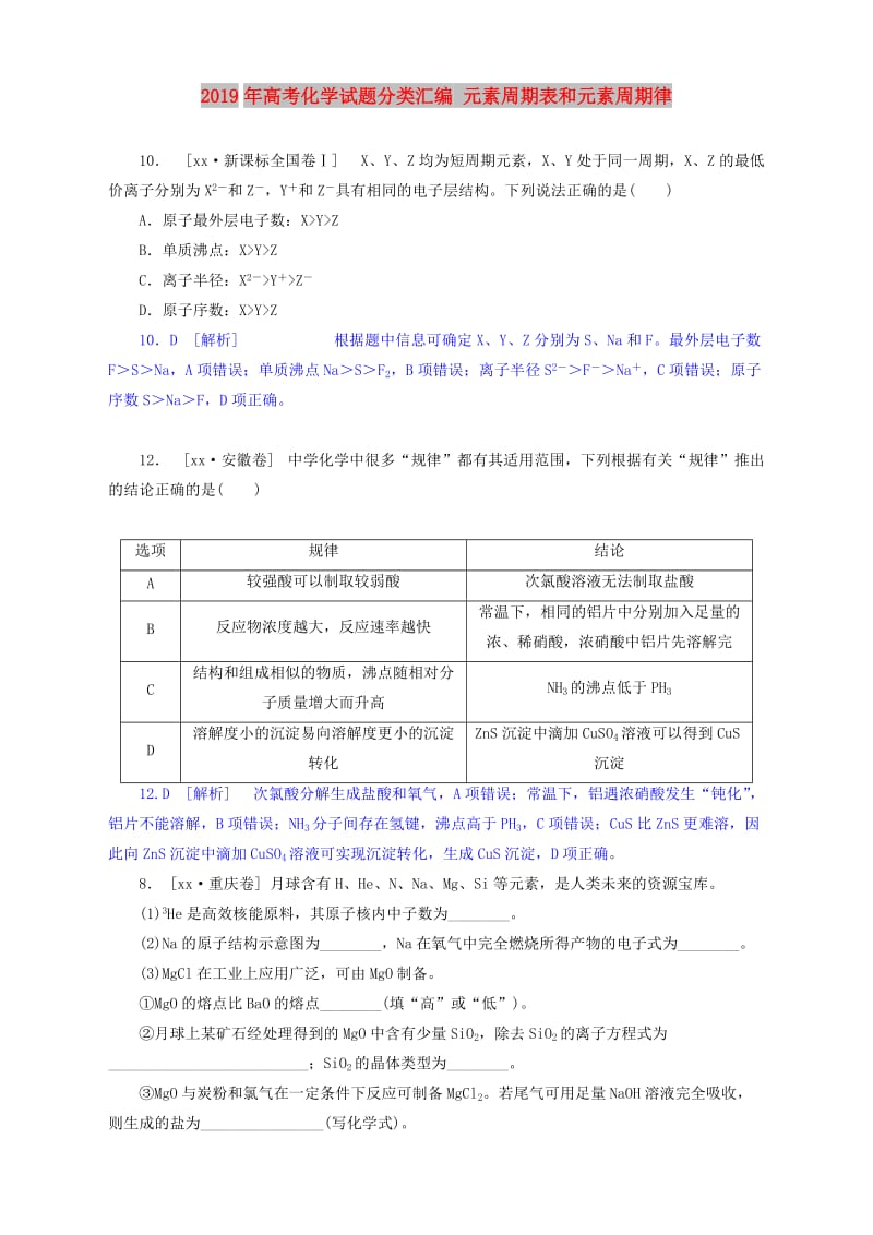 2019年高考化学试题分类汇编 元素周期表和元素周期律.doc_第1页