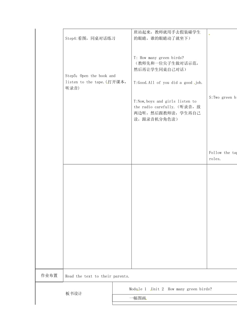 一年级英语下册 Module 3 unit 2 How many green birds教案2 外研版.doc_第3页