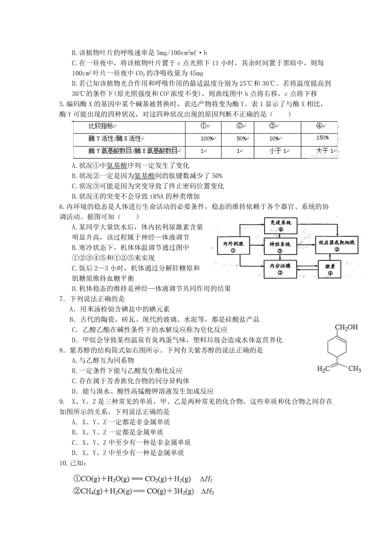 2019-2020年高三上学期期末热身模拟理科综合试题 含答案.doc_第2页