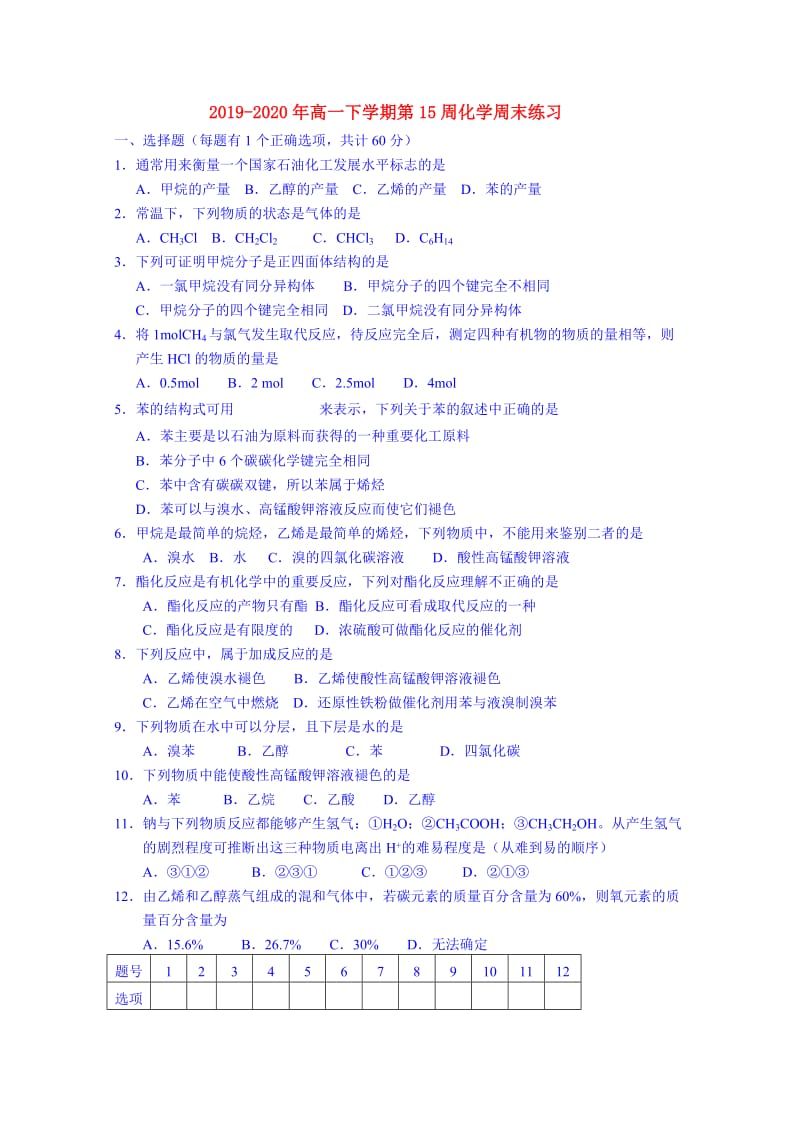 2019-2020年高一下学期第15周化学周末练习.doc_第1页