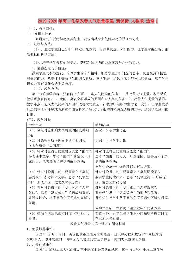 2019-2020年高二化学改善大气质量教案 新课标 人教版 选修1.doc_第1页