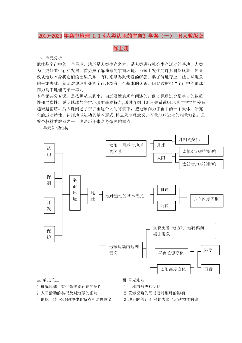 2019-2020年高中地理 1.1《人类认识的宇宙》学案（一） 旧人教版必修上册.doc_第1页