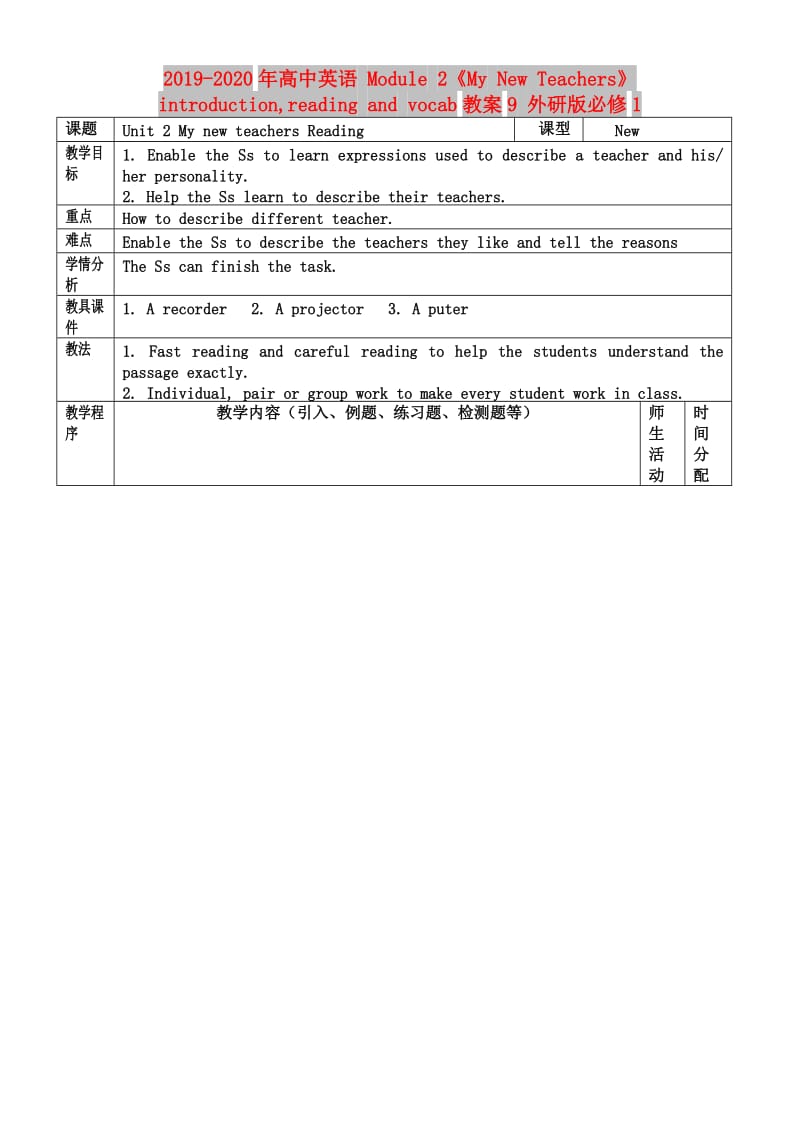 2019-2020年高中英语 Module 2《My New Teachers》introduction,reading and vocab教案9 外研版必修1.doc_第1页