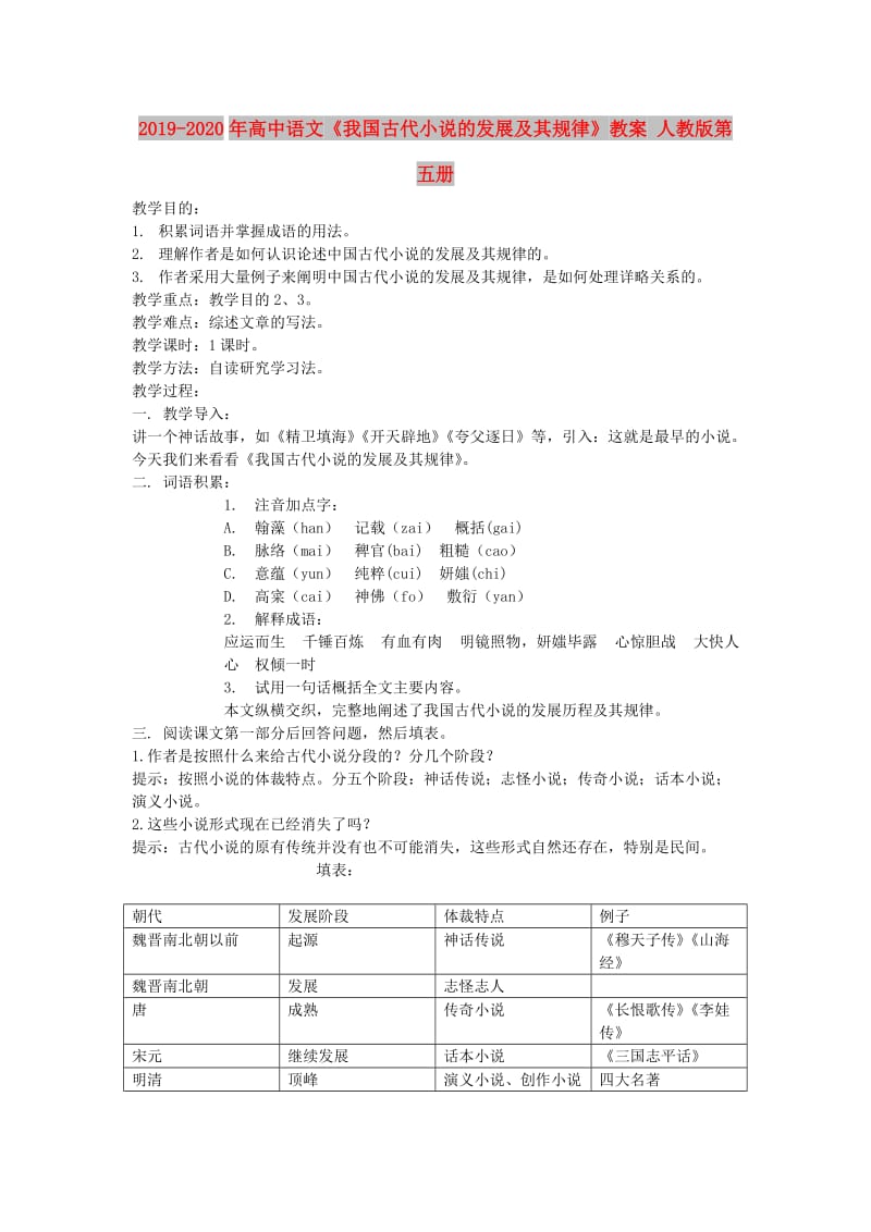 2019-2020年高中语文《我国古代小说的发展及其规律》教案 人教版第五册.doc_第1页