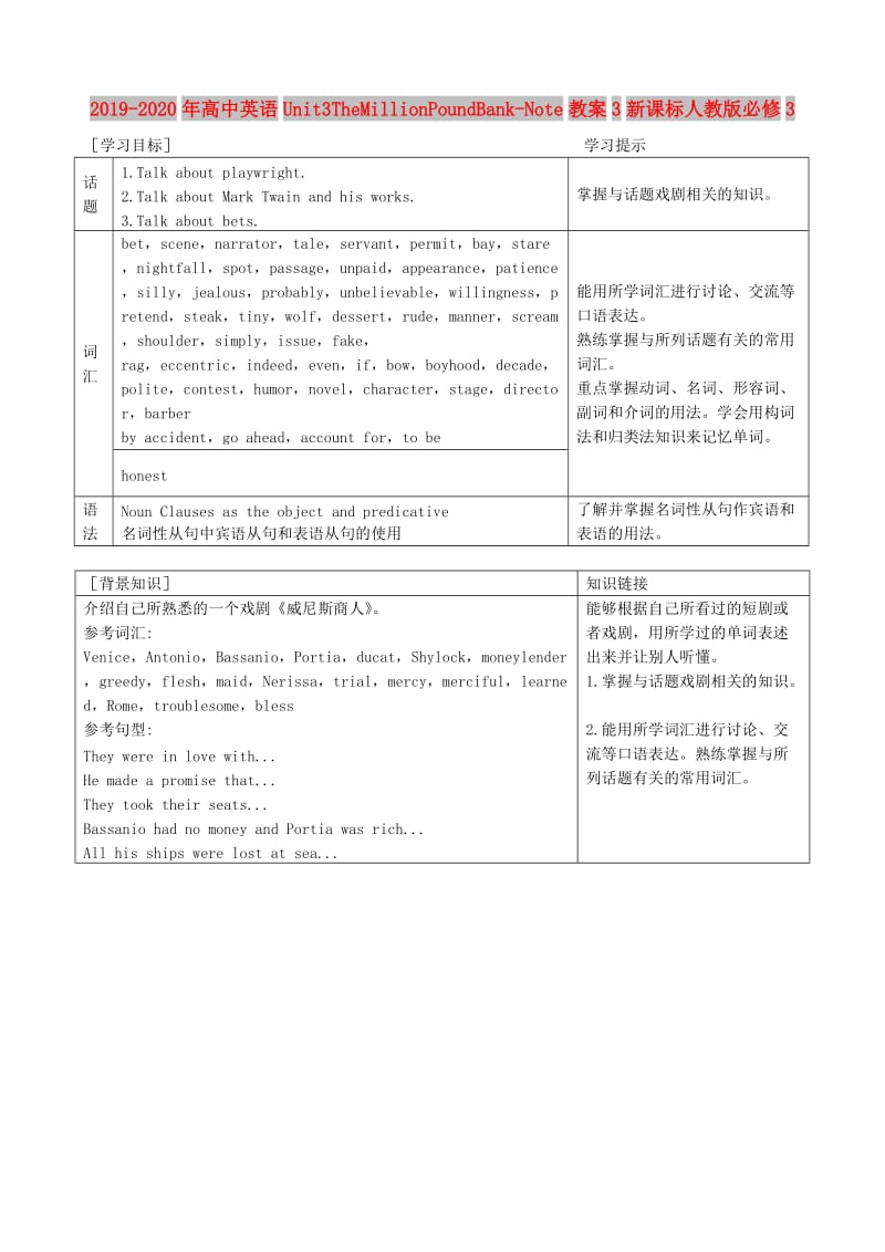 2019-2020年高中英语Unit3TheMillionPoundBank-Note教案3新课标人教版必修3.doc_第1页