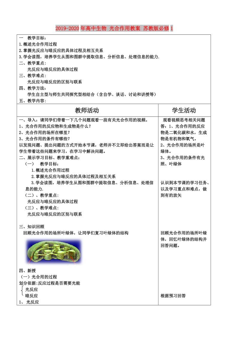 2019-2020年高中生物 光合作用教案 苏教版必修1.doc_第1页