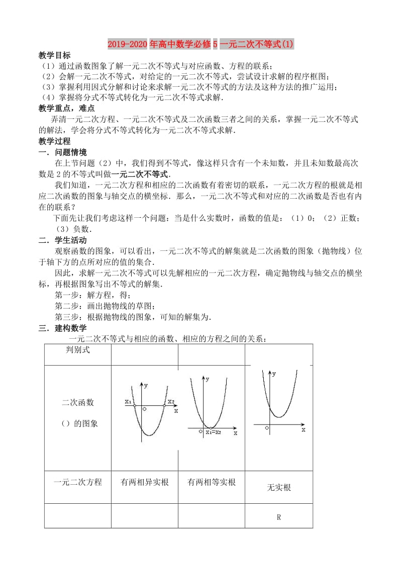 2019-2020年高中数学必修5一元二次不等式(1).doc_第1页