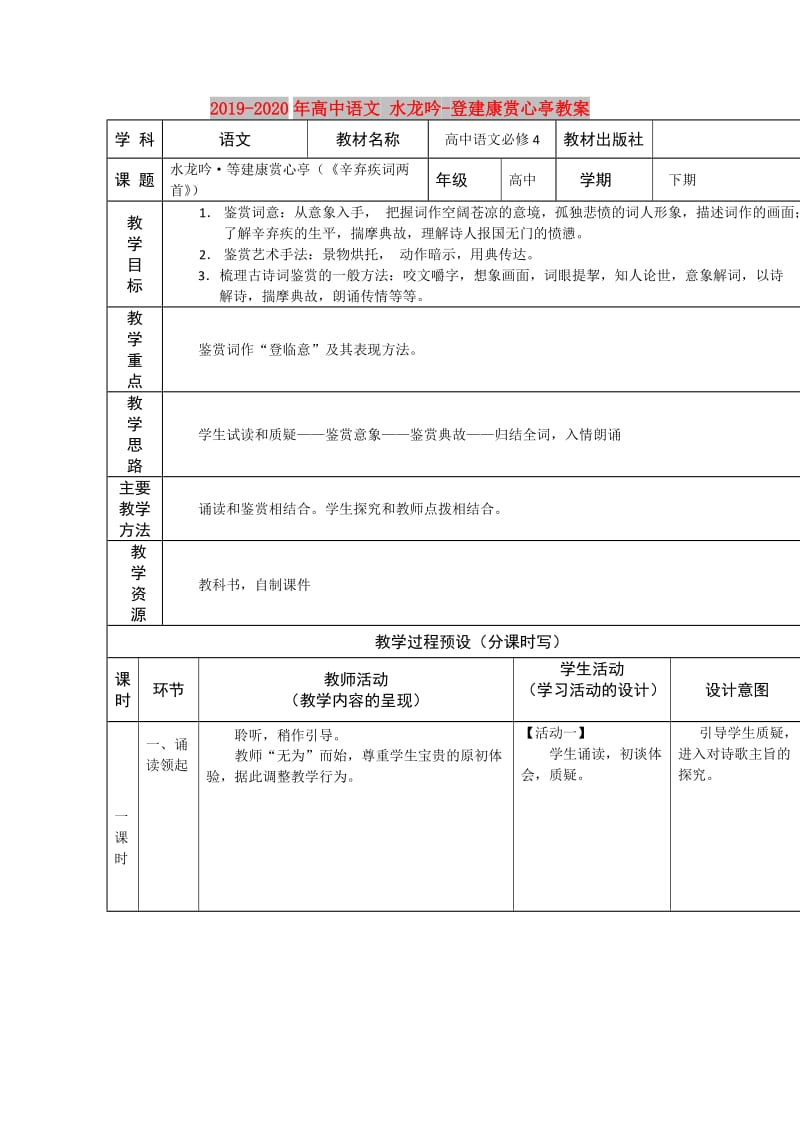 2019-2020年高中语文 水龙吟-登建康赏心亭教案.doc_第1页