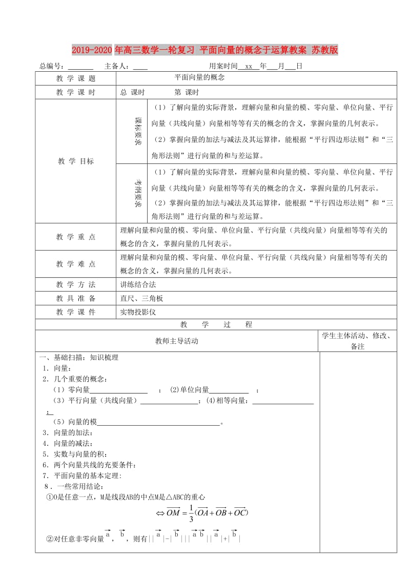 2019-2020年高三数学一轮复习 平面向量的概念于运算教案 苏教版.doc_第1页