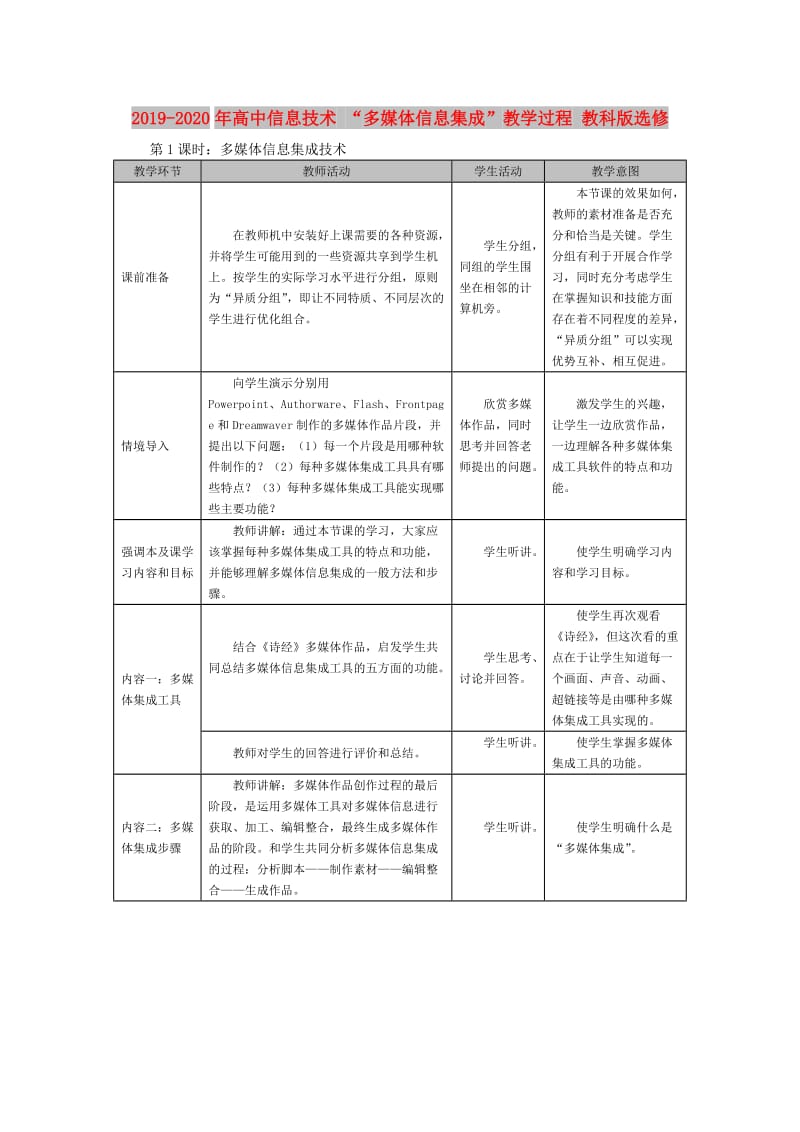 2019-2020年高中信息技术 “多媒体信息集成”教学过程 教科版选修.doc_第1页