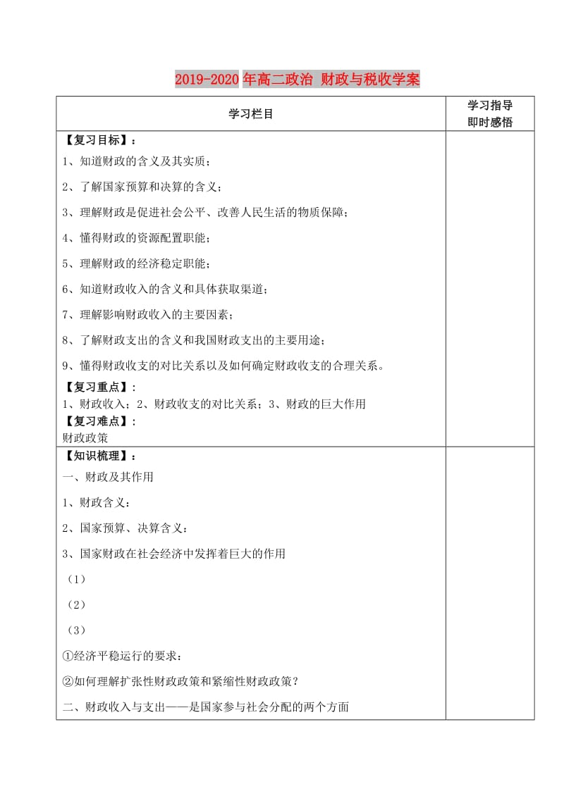 2019-2020年高二政治 财政与税收学案.doc_第1页