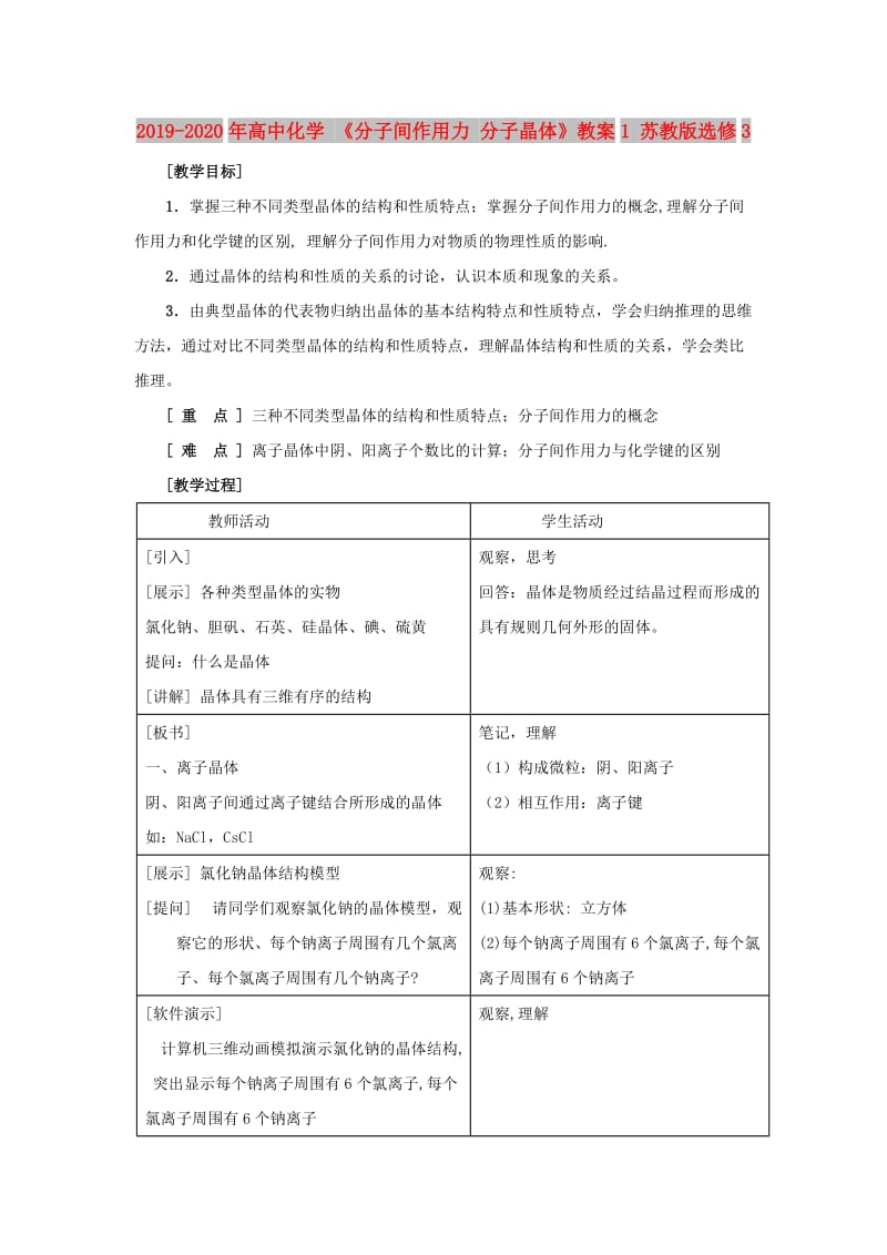 2019-2020年高中化学 《分子间作用力 分子晶体》教案1 苏教版选修3.doc_第1页