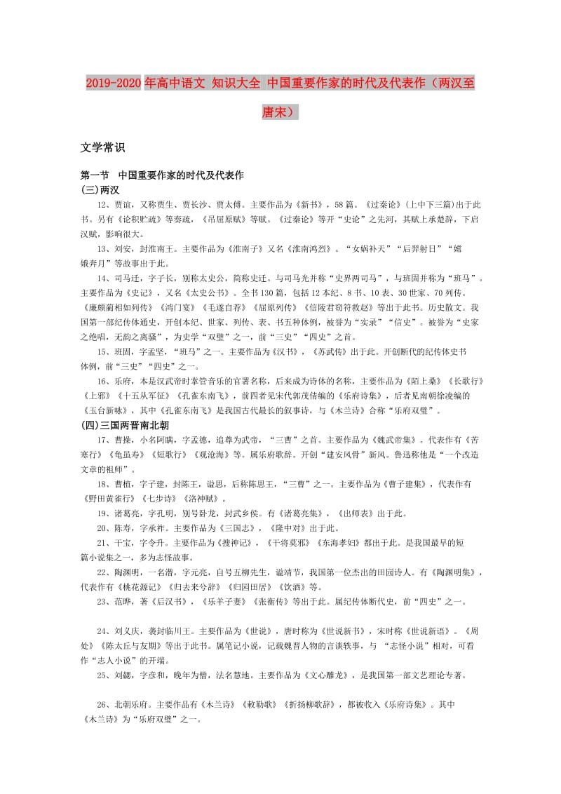 2019-2020年高中语文 知识大全 中国重要作家的时代及代表作（两汉至唐宋）.doc_第1页