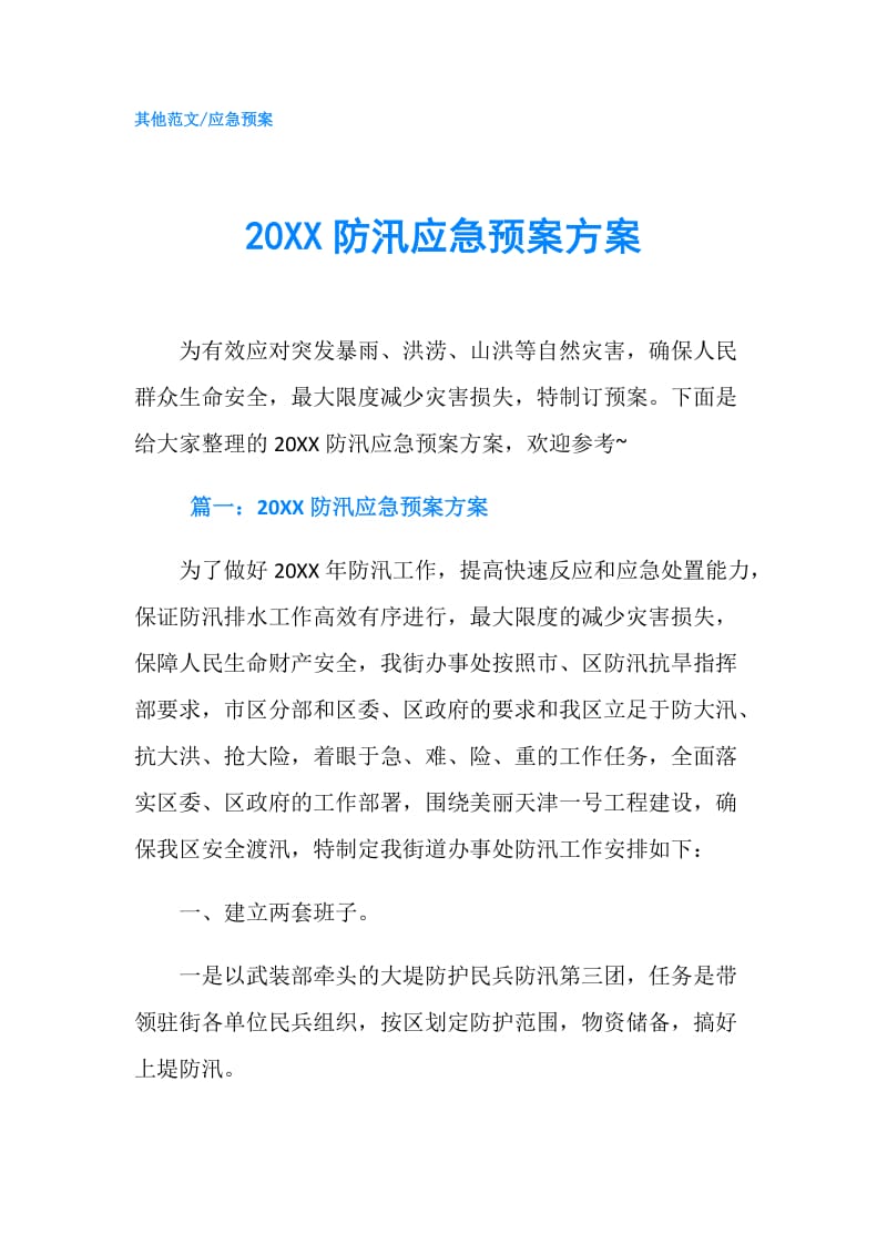 20XX防汛应急预案方案.doc_第1页