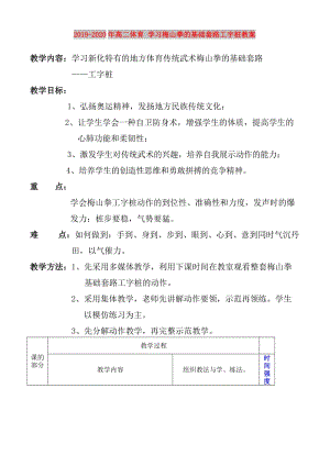 2019-2020年高二體育 學習梅山拳的基礎套路工字樁教案.doc