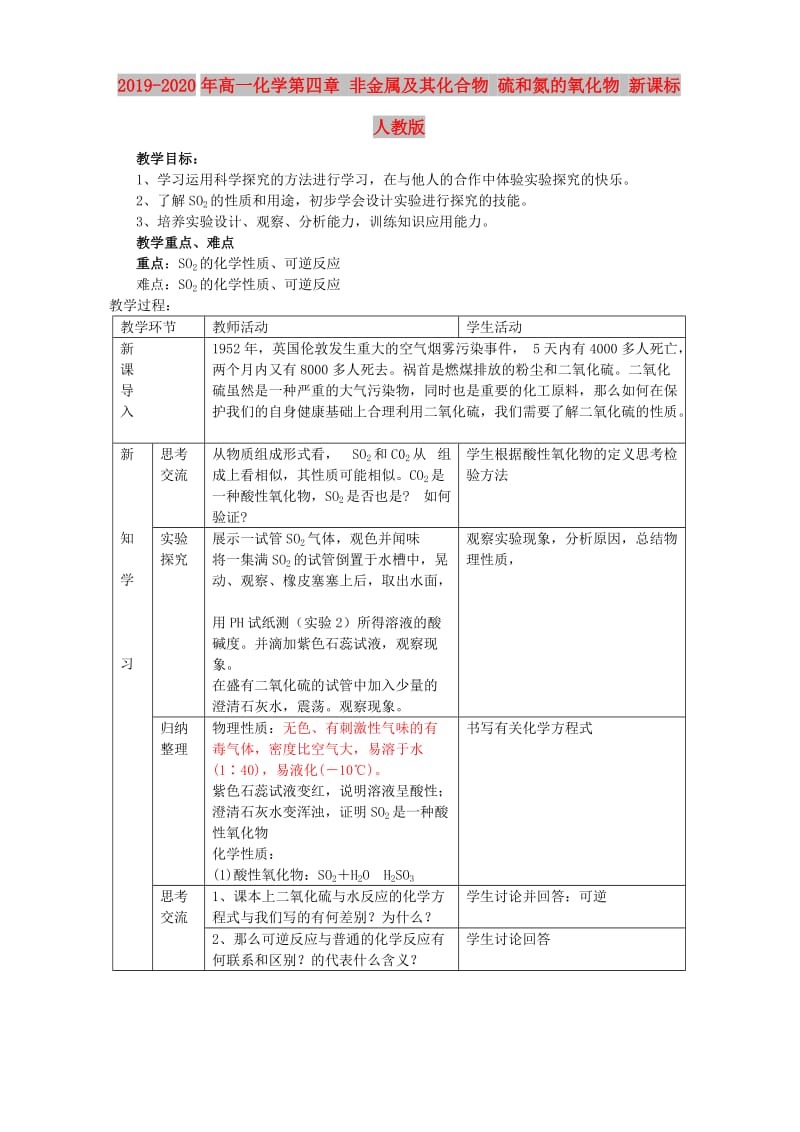 2019-2020年高一化学第四章 非金属及其化合物 硫和氮的氧化物 新课标 人教版.doc_第1页