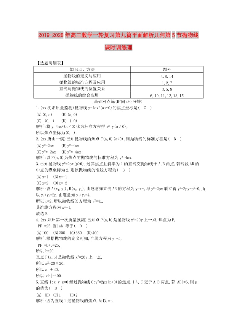 2019-2020年高三数学一轮复习第九篇平面解析几何第5节抛物线课时训练理.doc_第1页