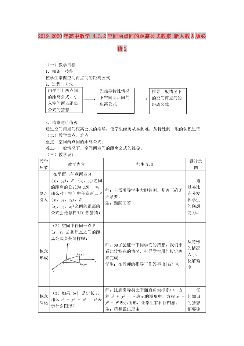 2019-2020年高中数学 4.3.2空间两点间的距离公式教案 新人教A版必修2.doc_第1页