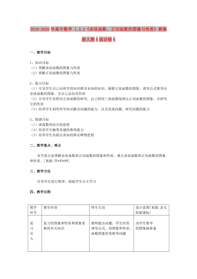 2019-2020年高中数学 1.3.2《余弦函数、正切函数的图像与性质》教案 新人教A版必修4.doc_第1页