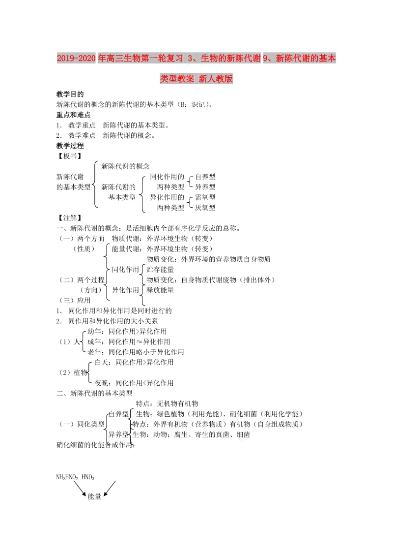 2019-2020年高三生物第一轮复习 3、生物的新陈代谢9、新陈代谢的基本类型教案 新人教版.doc_第1页