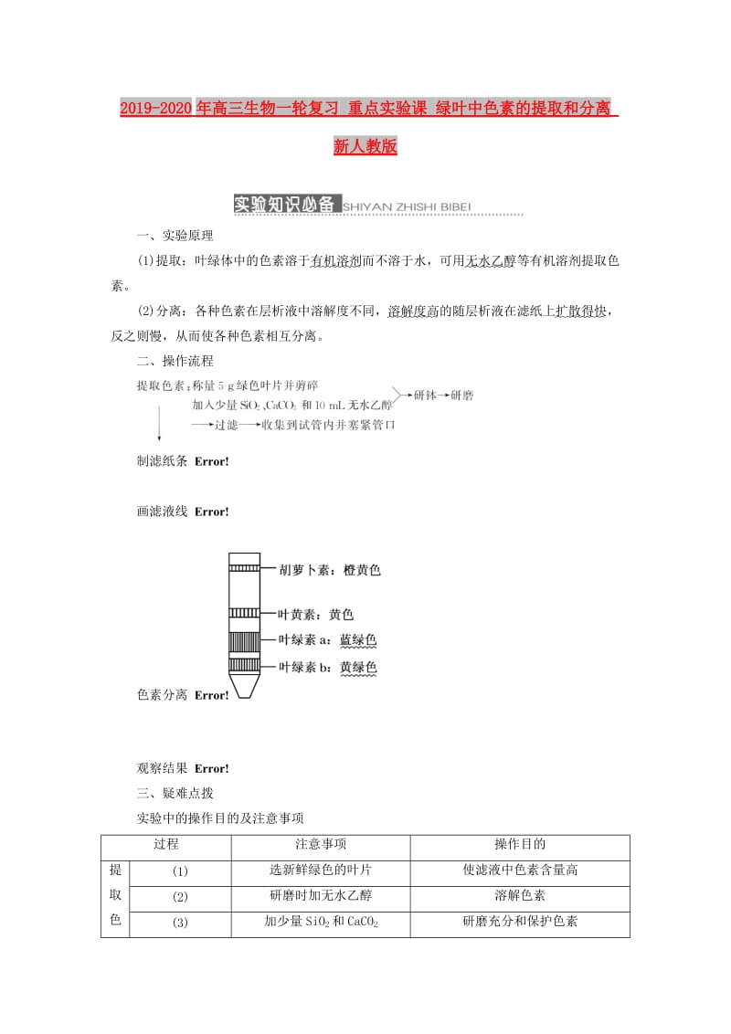 2019-2020年高三生物一轮复习 重点实验课 绿叶中色素的提取和分离 新人教版.doc_第1页