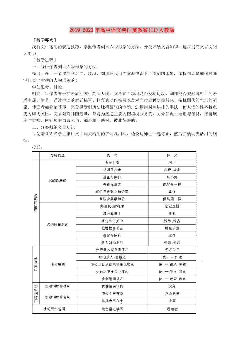 2019-2020年高中语文鸿门宴教案(II)人教版.doc_第1页