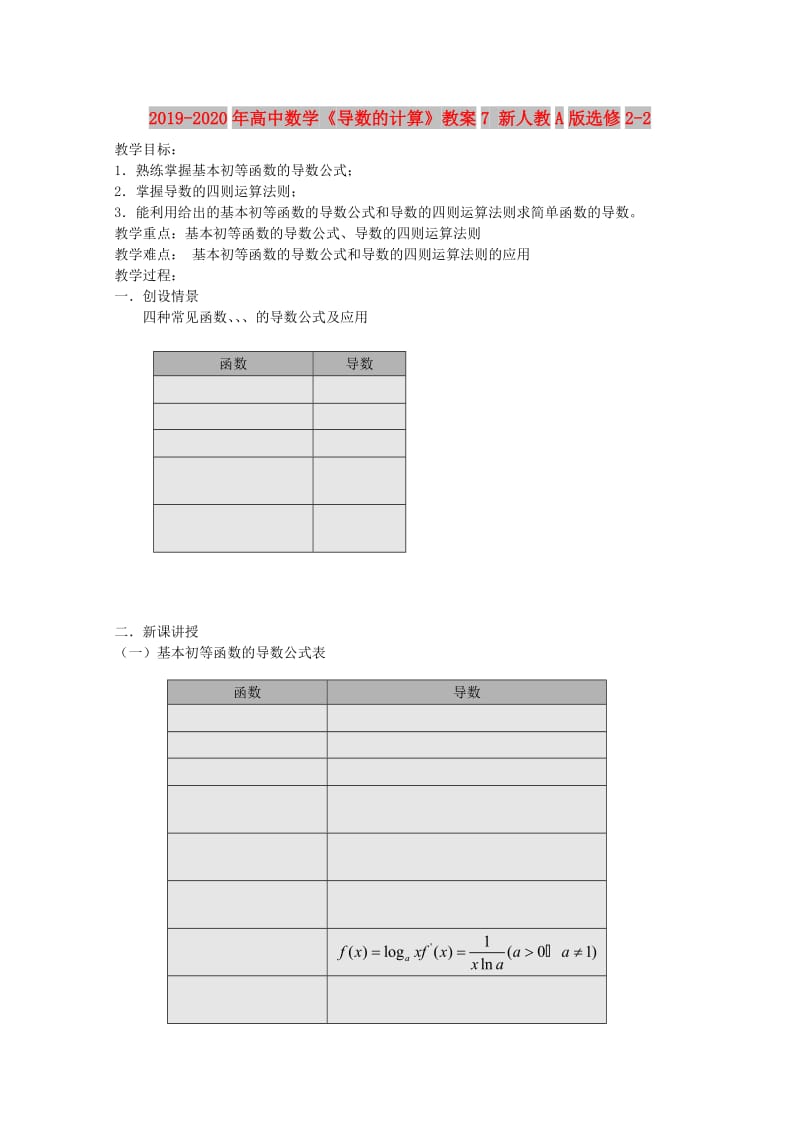 2019-2020年高中数学《导数的计算》教案7 新人教A版选修2-2.doc_第1页