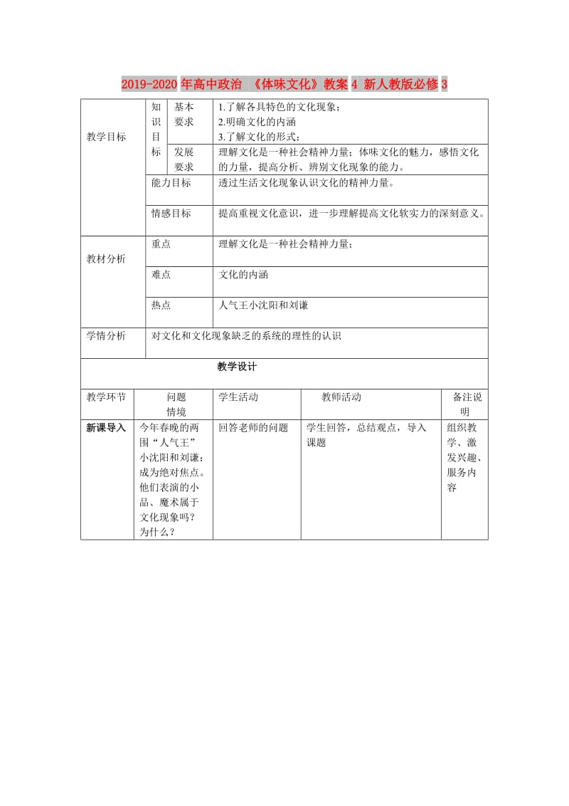 2019-2020年高中政治 《体味文化》教案4 新人教版必修3.doc_第1页