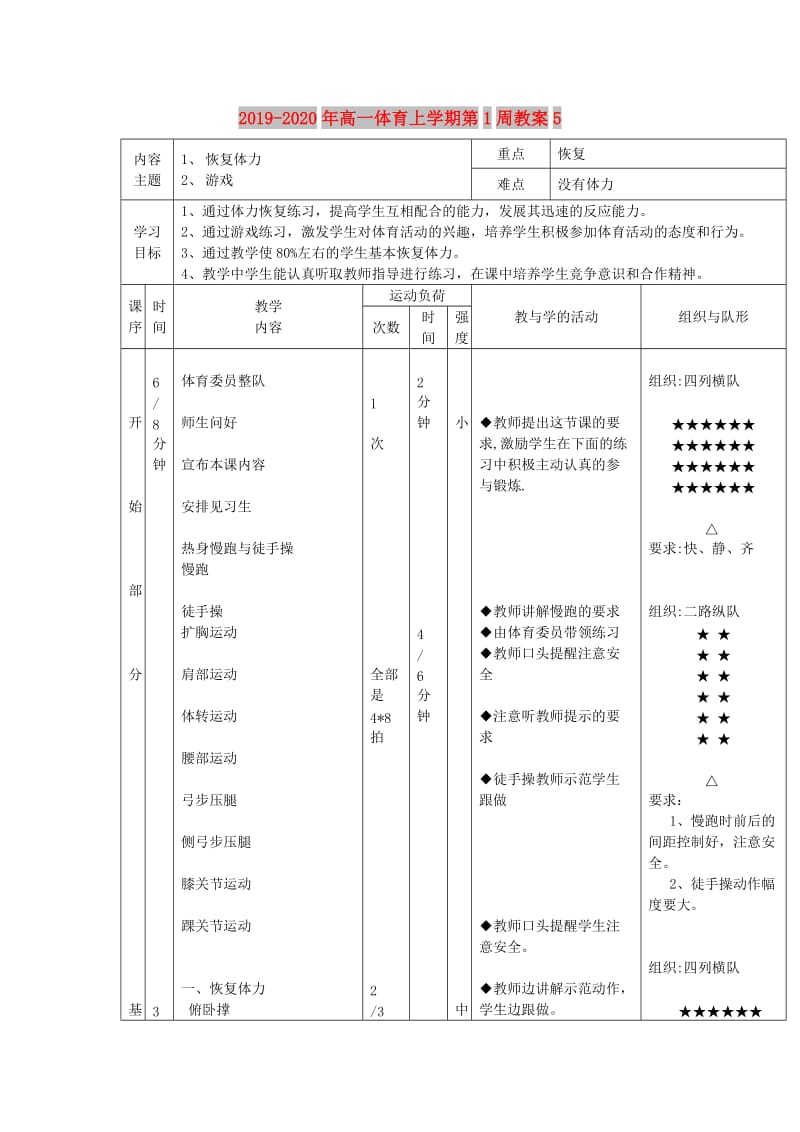 2019-2020年高一体育上学期第1周教案5.doc_第1页