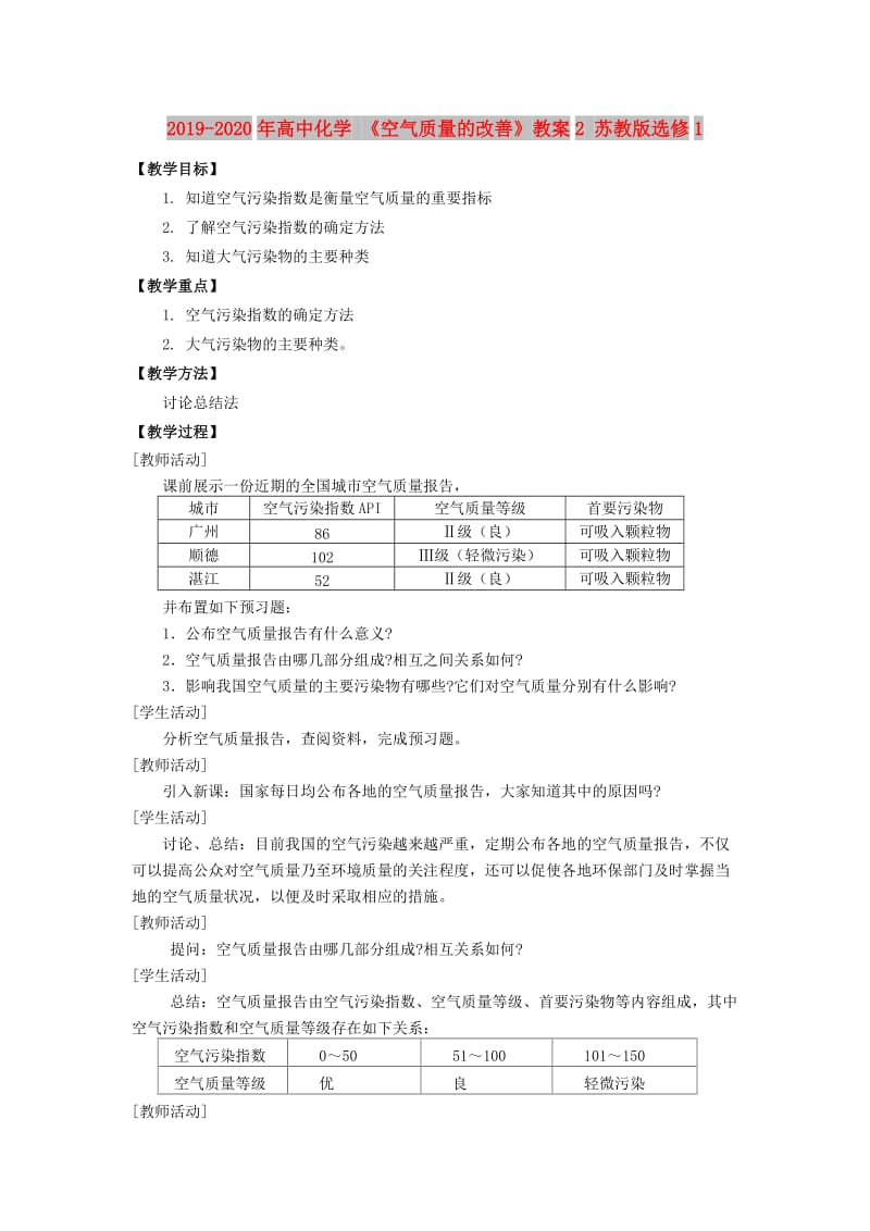 2019-2020年高中化学 《空气质量的改善》教案2 苏教版选修1.doc_第1页