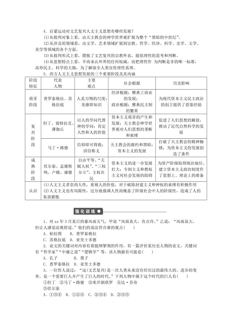 2019-2020年高中历史第二单元西方人文精神的起源及其发展单元学习小结新人教版必修.doc_第2页