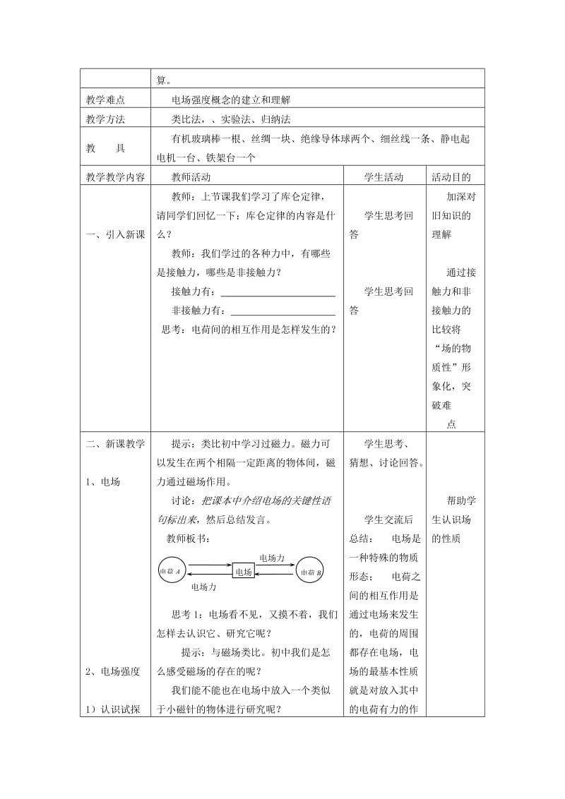 2019-2020年高中物理 1.3 电场强度教学设计 新人教版选修3-1.doc_第3页