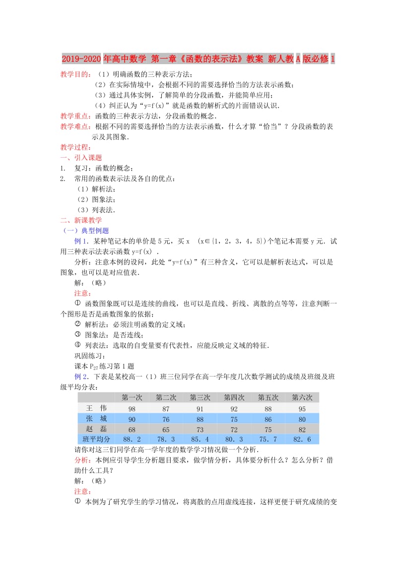 2019-2020年高中数学 第一章《函数的表示法》教案 新人教A版必修1.doc_第1页