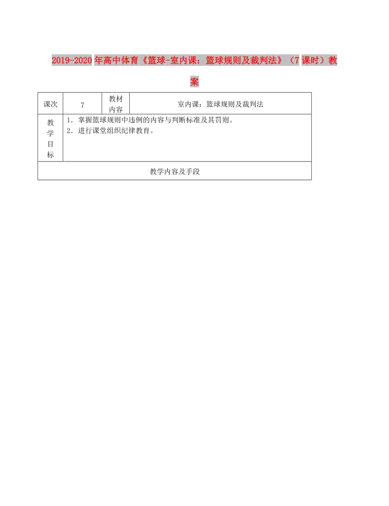 2019-2020年高中体育《篮球-室内课：篮球规则及裁判法》（7课时）教案.doc_第1页