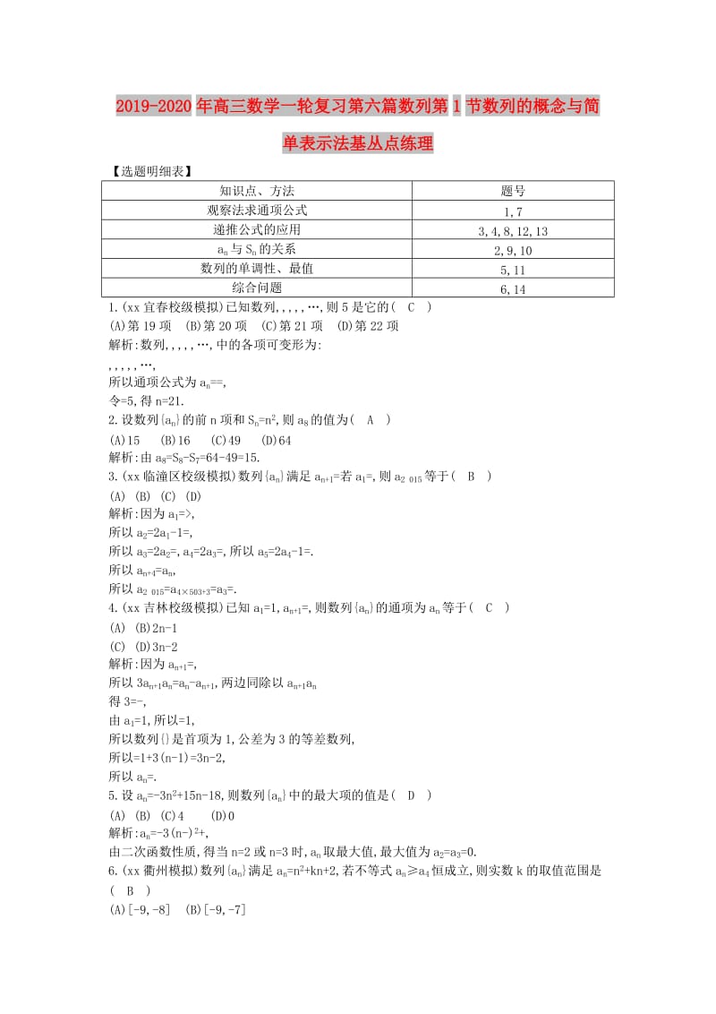 2019-2020年高三数学一轮复习第六篇数列第1节数列的概念与简单表示法基丛点练理.doc_第1页