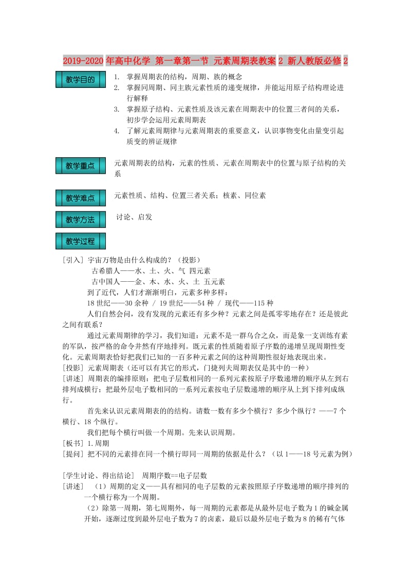 2019-2020年高中化学 第一章第一节 元素周期表教案2 新人教版必修2.doc_第1页