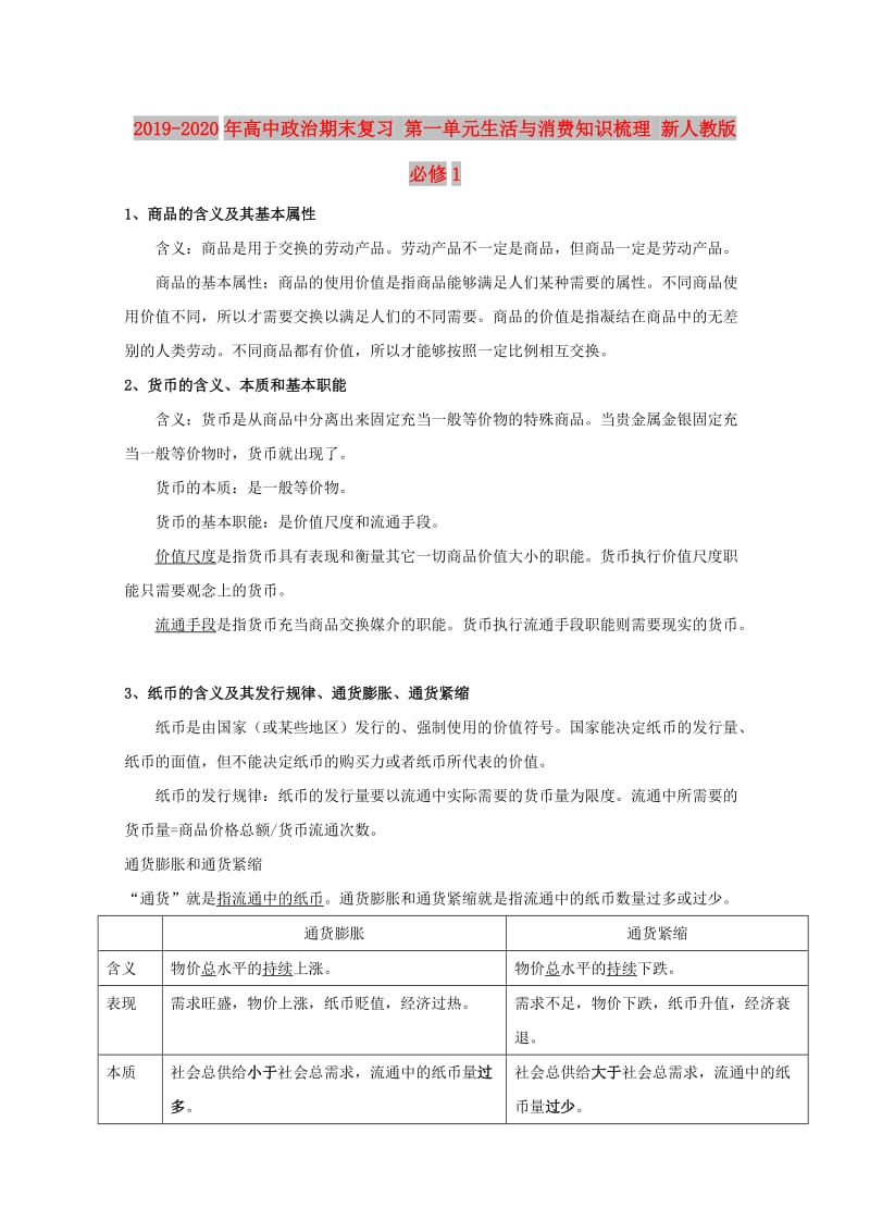 2019-2020年高中政治期末复习 第一单元生活与消费知识梳理 新人教版必修1.doc_第1页